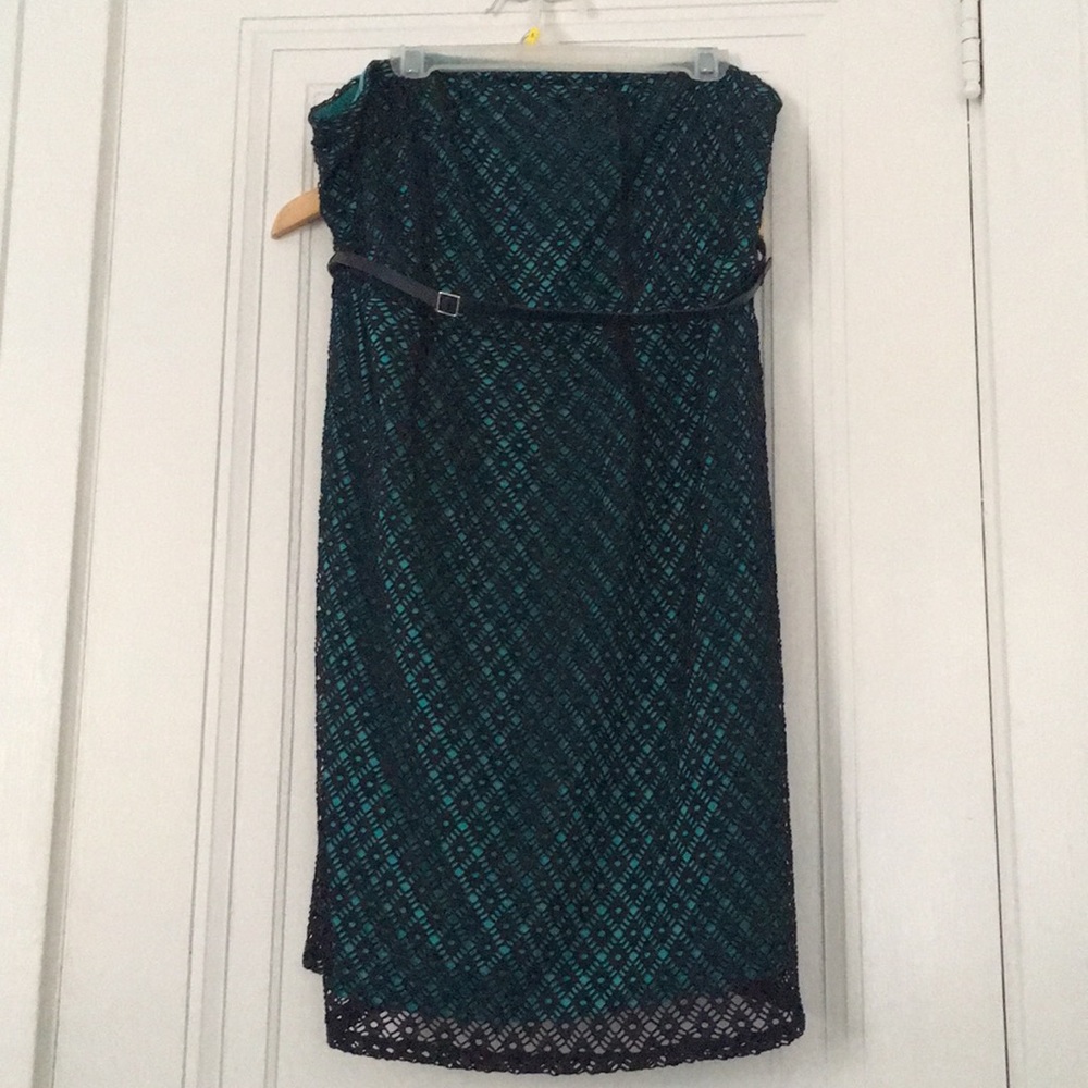 Strapless Navy & Teal Lace Dress with belt